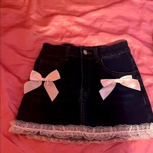 Denim Skirt with White Bows and Lace Trim